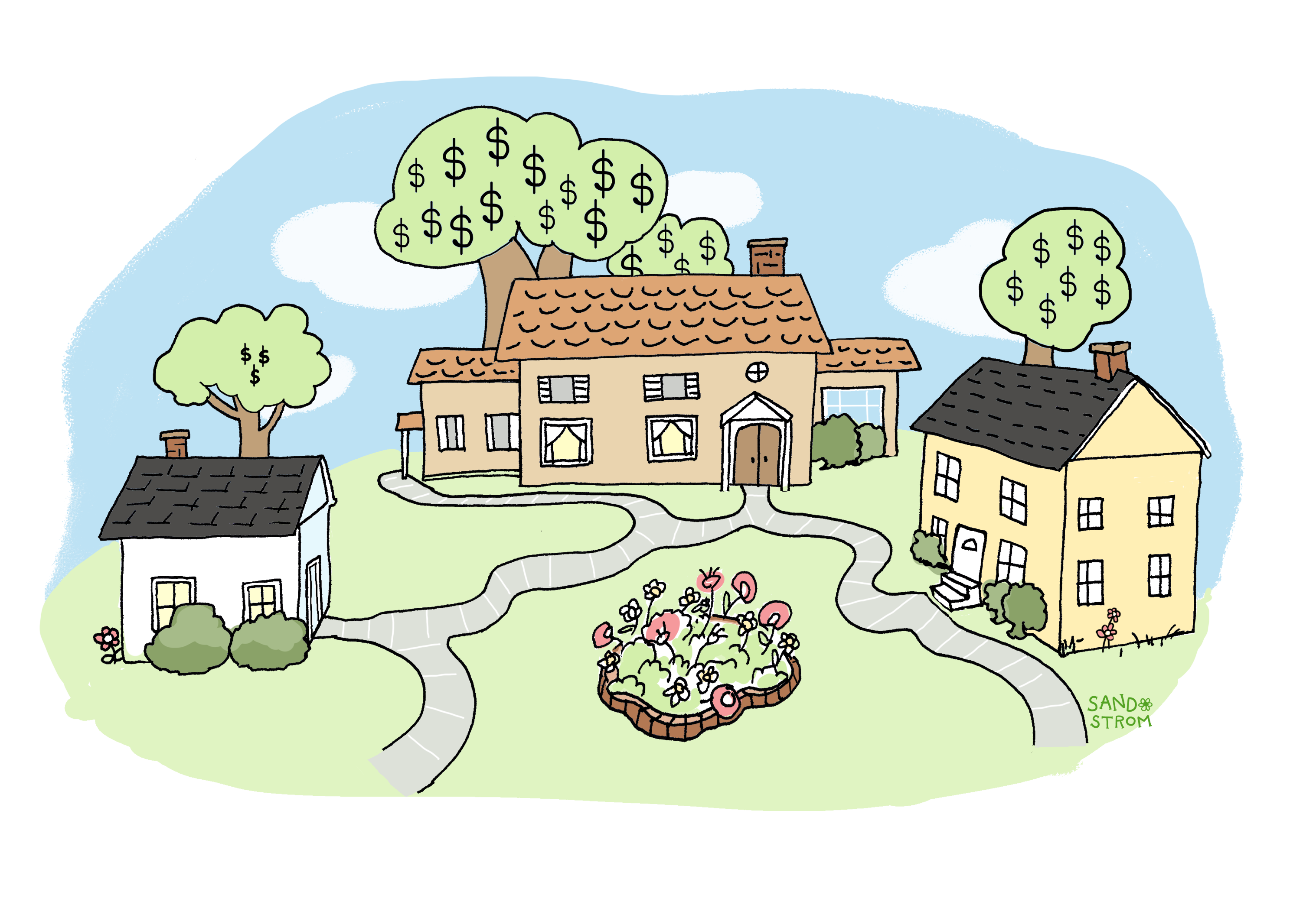 A charming hand-drawn scene of a quiet suburban street with small, cheerful houses in a row. In front of each house is a tree with plump money bags hanging from its branches like fruit. The homes are cozy and varied—some with porches, some with flower boxes—surrounded by green grass and blue skies.