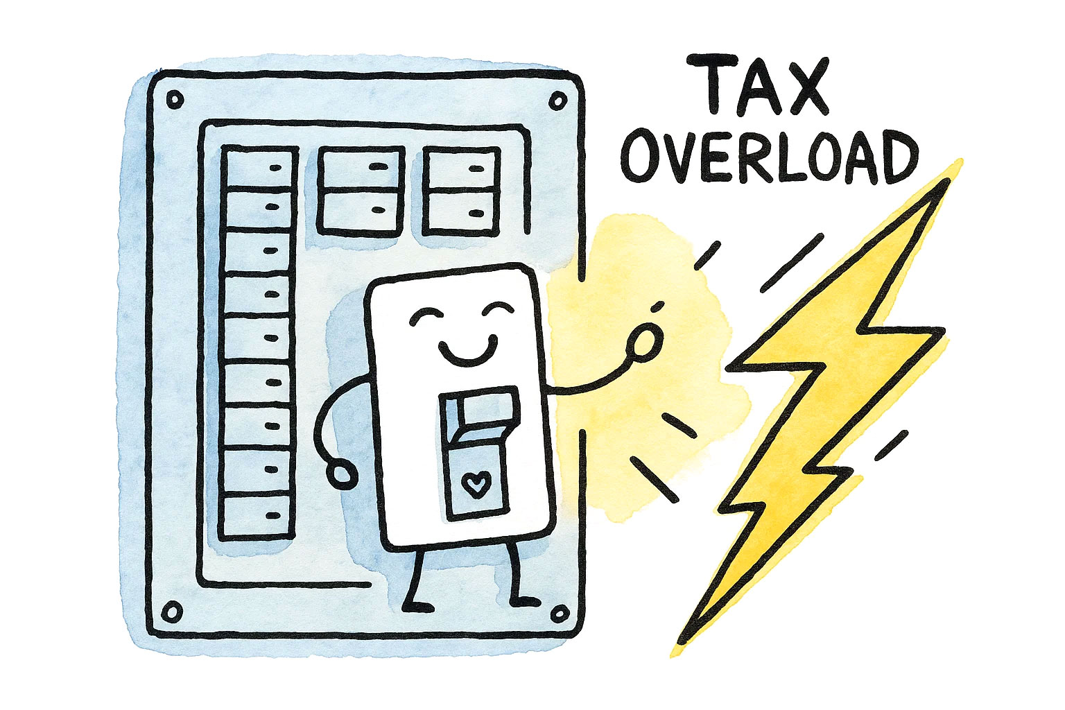A cheerful, anthropomorphic circuit breaker with a smiling face and a heart icon on its switch stands inside an electrical panel. The breaker is flipping its own switch to block a large yellow lightning bolt labeled “TAX OVERLOAD.” The drawing is hand-drawn in black ink with soft blue and yellow watercolor washes. The style is playful, with thick lines and a white background, illustrating the idea of protecting homeowners from unaffordable property taxes.