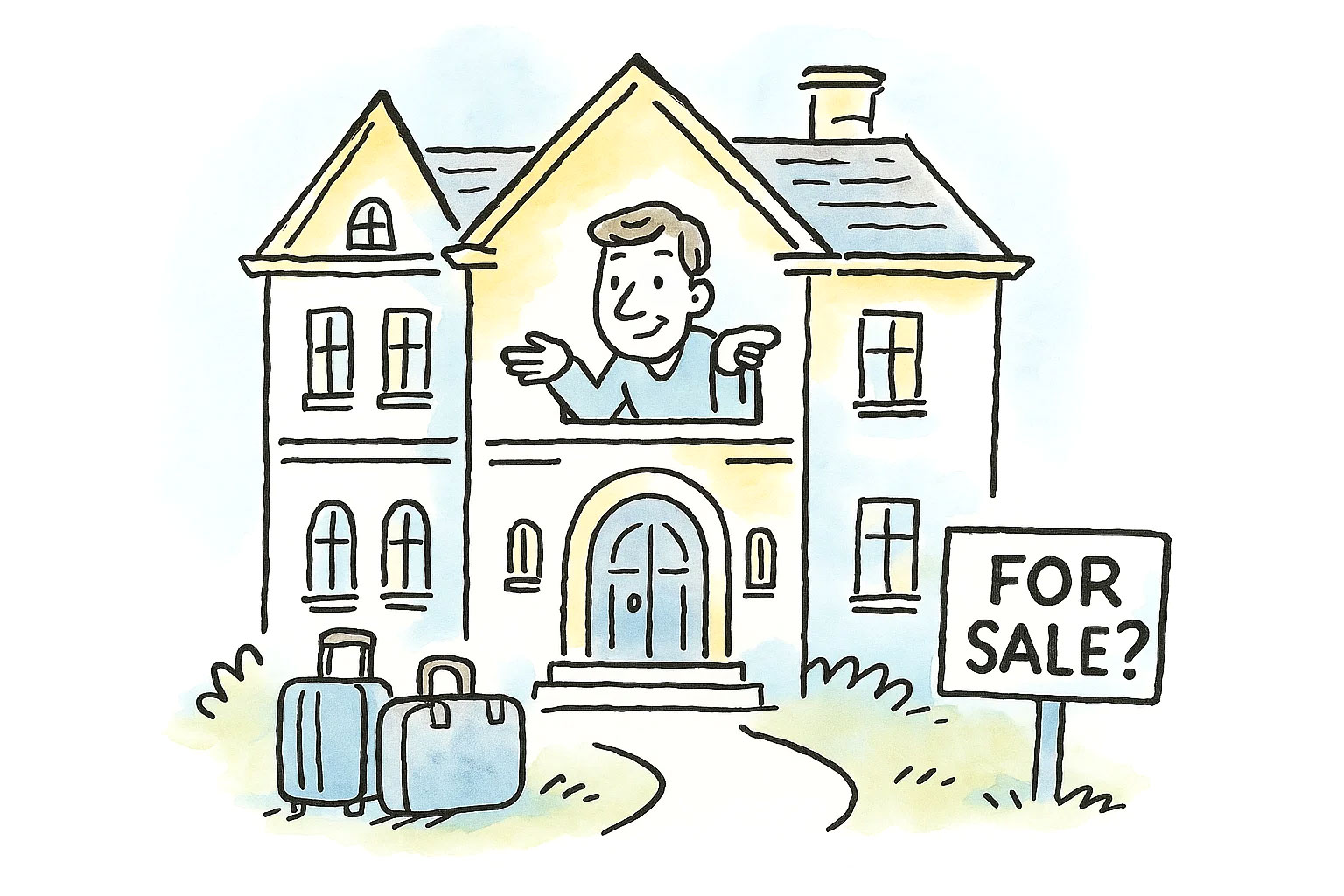 Illustration of a large mansion with suitcases on the lawn and a “FOR SALE?” sign in front. A smiling person leans out an upstairs window shrugging, suggesting that fears of wealthy residents fleeing due to estate taxes are overstated.