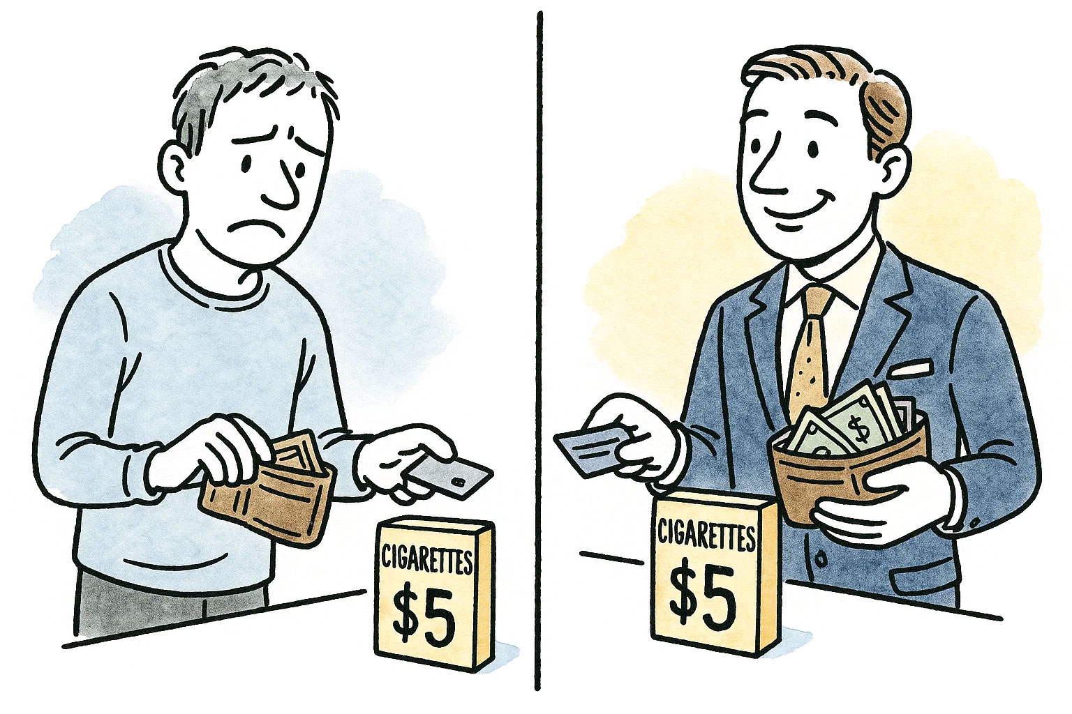 Split illustration showing two men purchasing the same $5 pack of cigarettes: on the left, a worried man in casual clothes struggles to pull a few bills from an almost-empty wallet; on the right, a smiling man in a suit easily pays with a credit card, holding a wallet full of cash—highlighting how excise taxes like cigarette taxes have a heavier impact on low-income individuals.