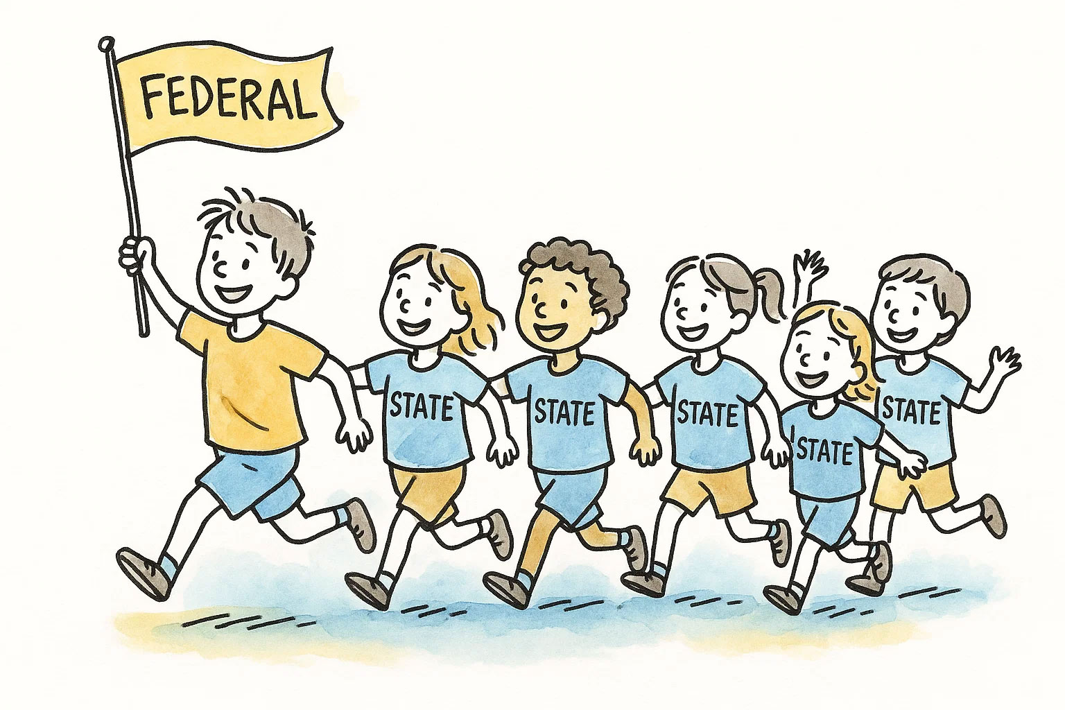 Cartoon-style illustration of children running in a line. The leading child wears a yellow shirt and waves a flag labeled FEDERAL, symbolizing the federal tax system. Behind him, five children in blue shirts labeled STATE follow closely, smiling and holding hands. This visual metaphor represents how state tax systems often follow or conform to federal tax rules and decisions.