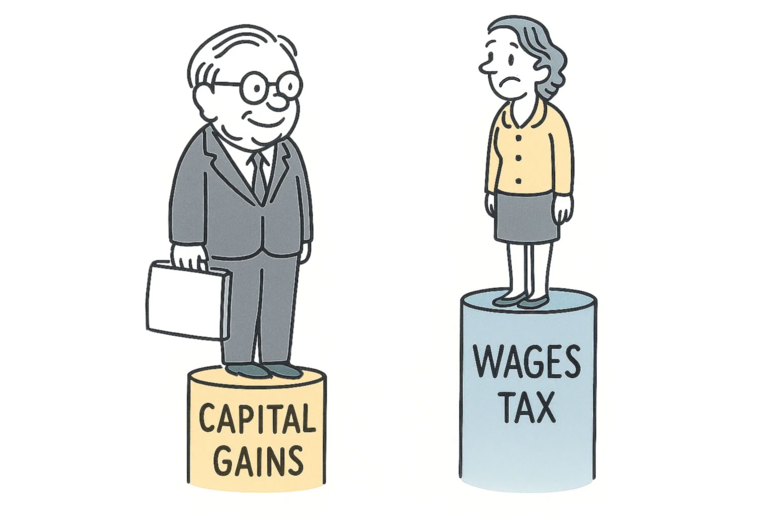 Illustration of two people standing on labeled columns: on the left, a wealthy man holding a briefcase stands on a shorter column marked “CAPITAL GAINS”; on the right, a woman stands on a taller column labeled “WAGES TAX,” highlighting the disparity in tax treatment between investment and wage income.
