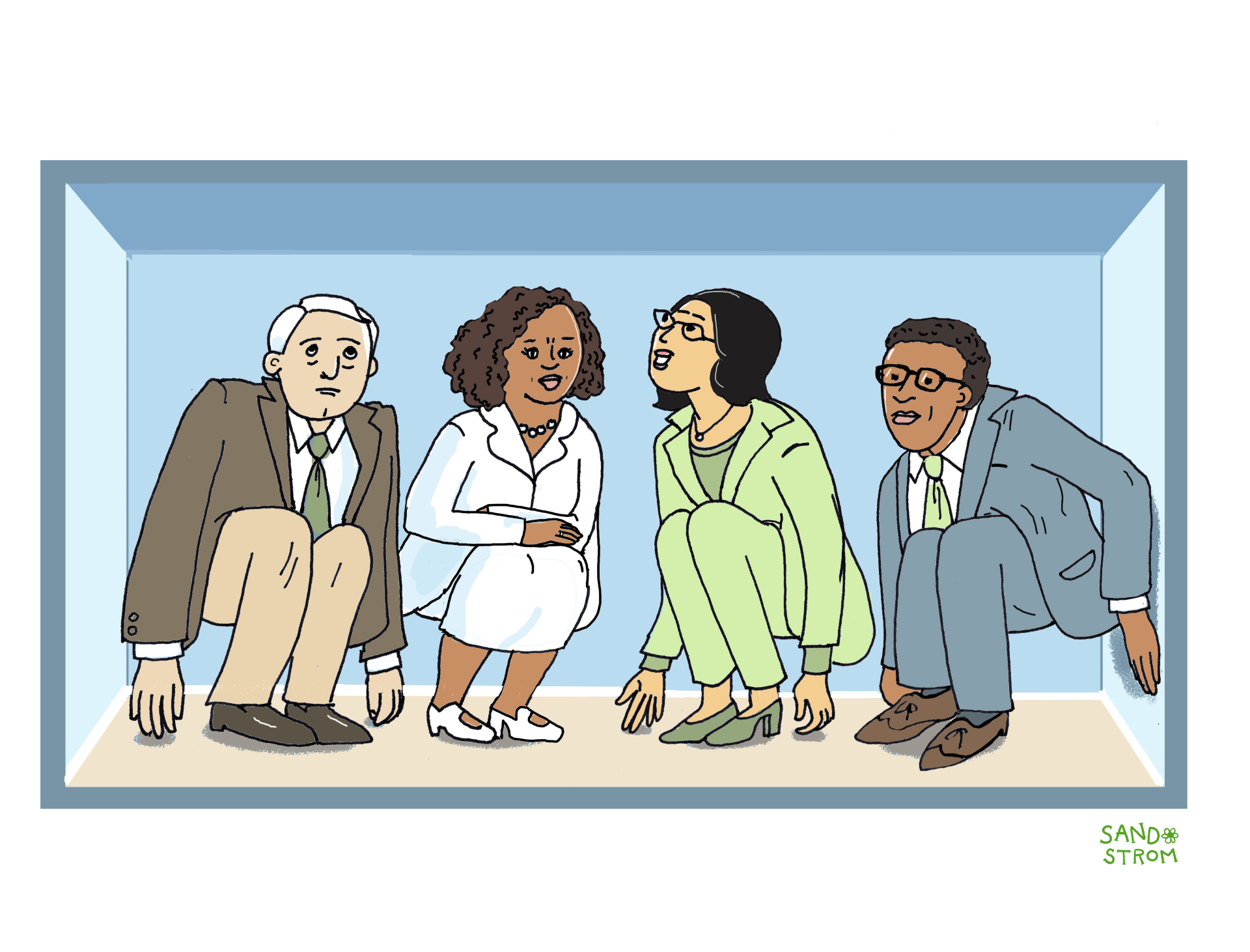 Illustration of politicians in a tight, confined space symbolizing how Tax and Expenditure Limits (TELs) restrict government flexibility and decision-making, leading to constrained public services and fiscal pressure.
