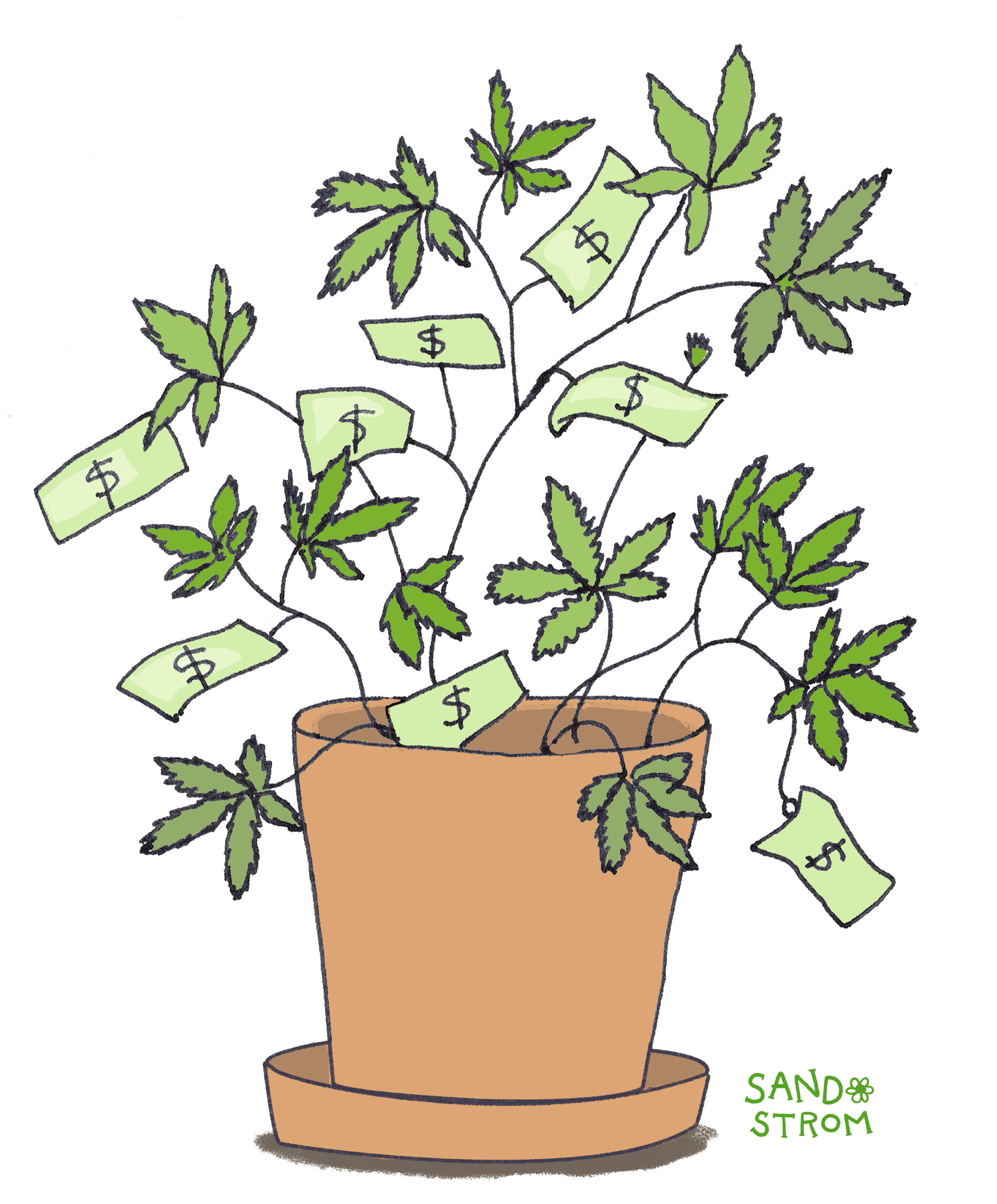 Illustration of a cannabis plant with some of its leaves replaced by dollar bills, symbolizing tax revenue generated from legal cannabis sales.