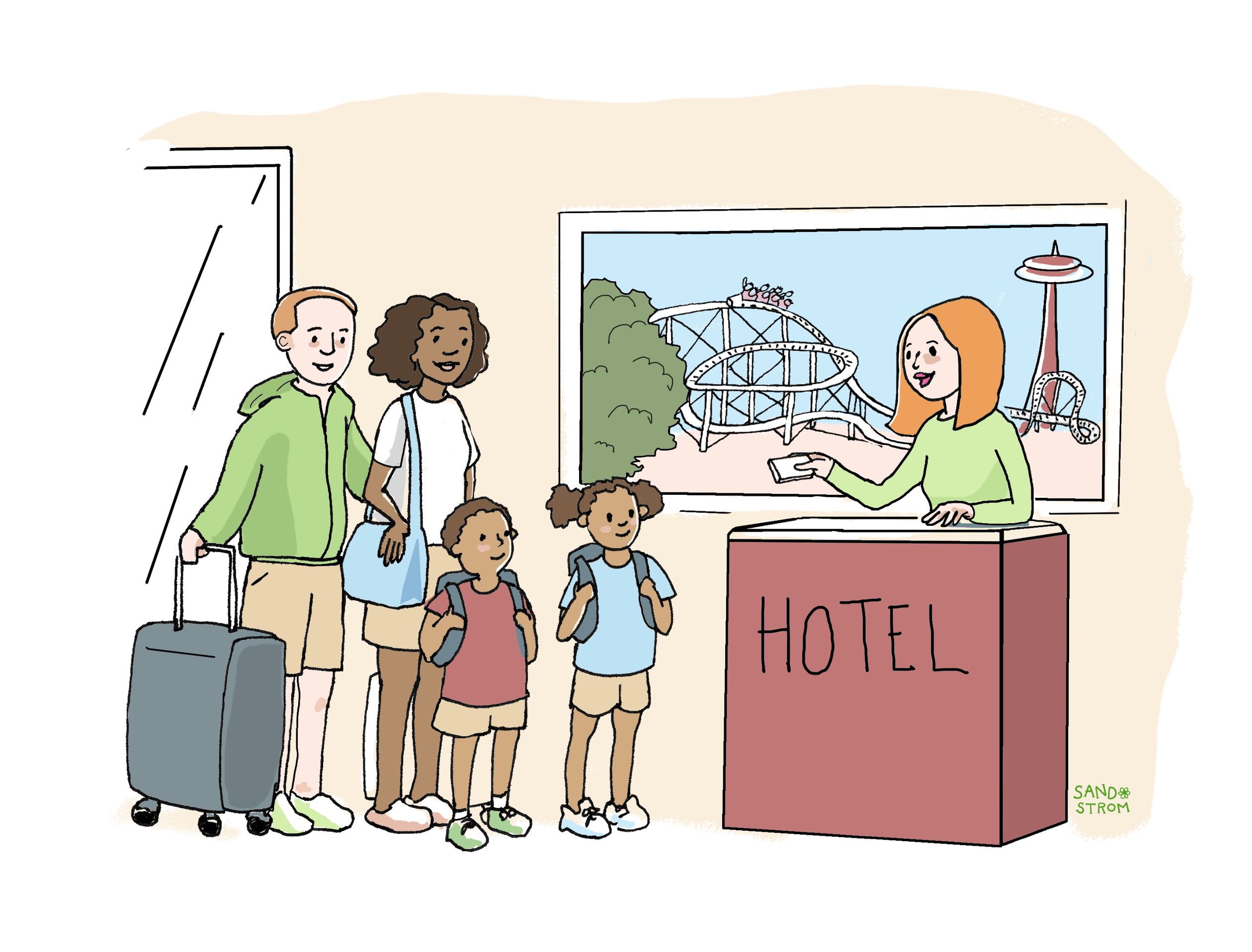 Illustration of a smiling family checking into a hotel, with luggage and backpacks, while a hotel clerk hands them a bill. Outside the window is an amusement park with a ferris wheel and roller coaster, symbolizing how tourist excise taxes help fund local attractions and services.