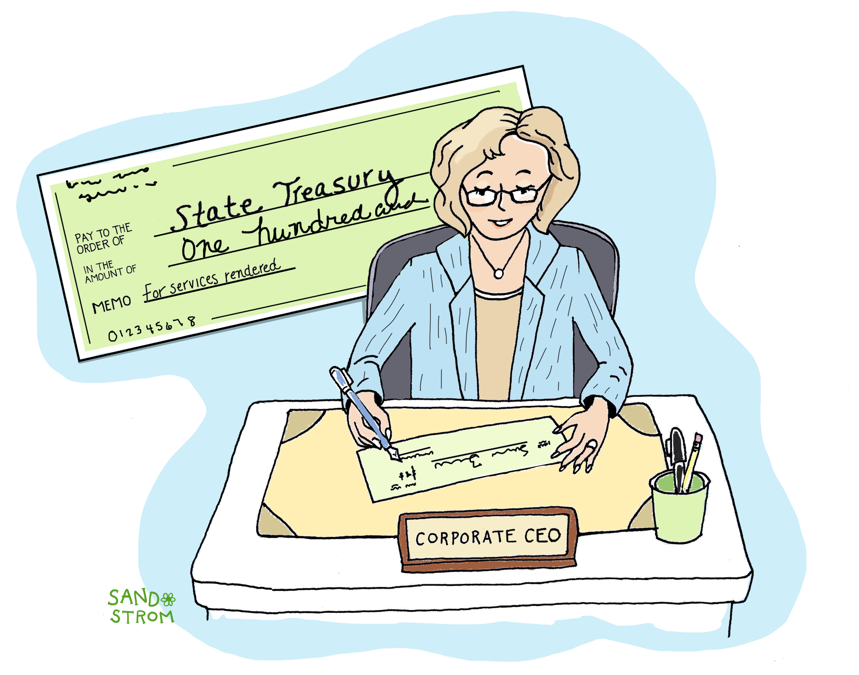 illustration of a corporate CEO writing a check to the state treasury for public services the corporation benefits from.