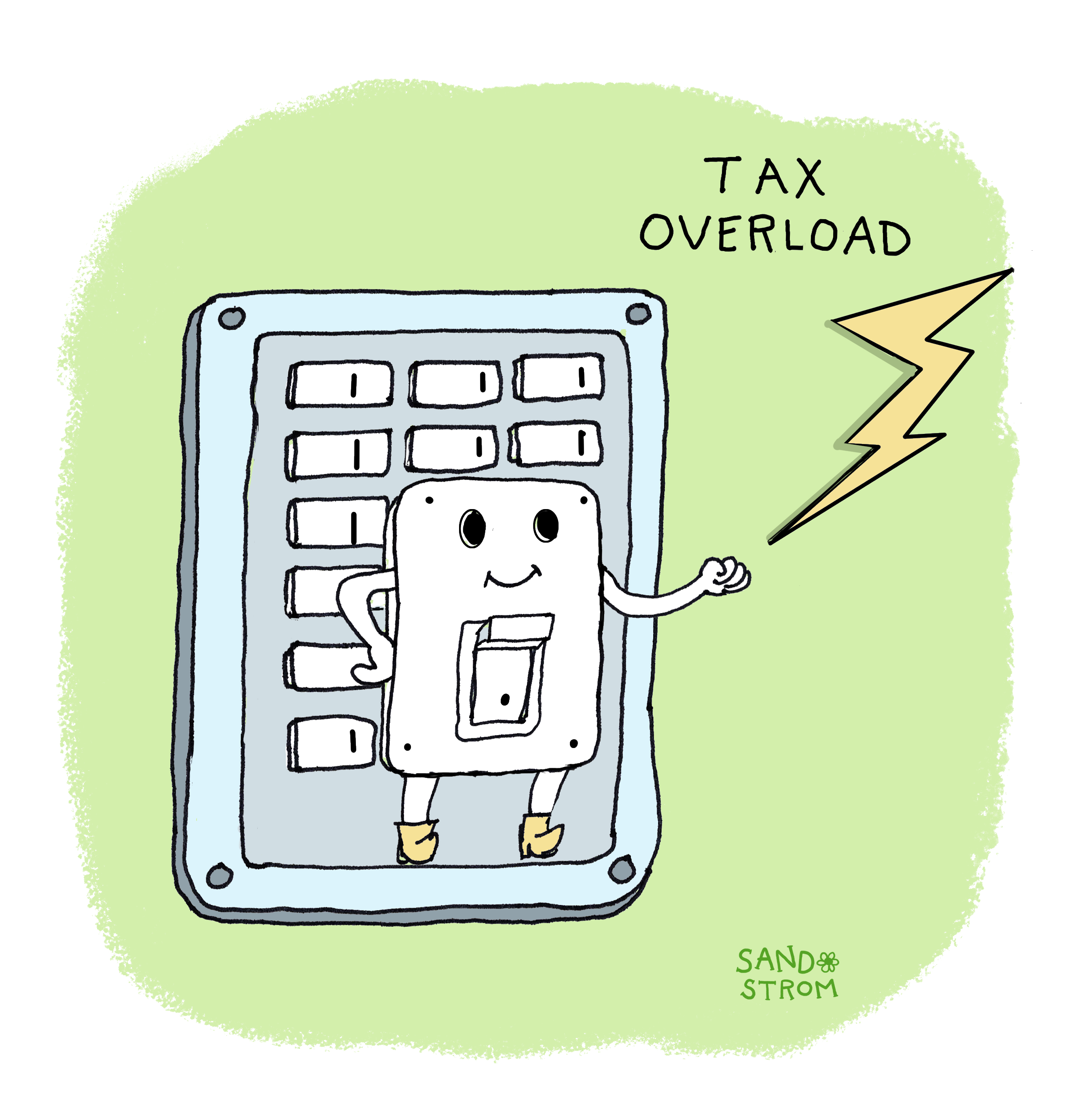 A cheerful, circuit breaker with a smiling face stands inside an electrical panel. The breaker is flipping its own switch to block a large yellow lightning bolt labeled TAX OVERLOAD.