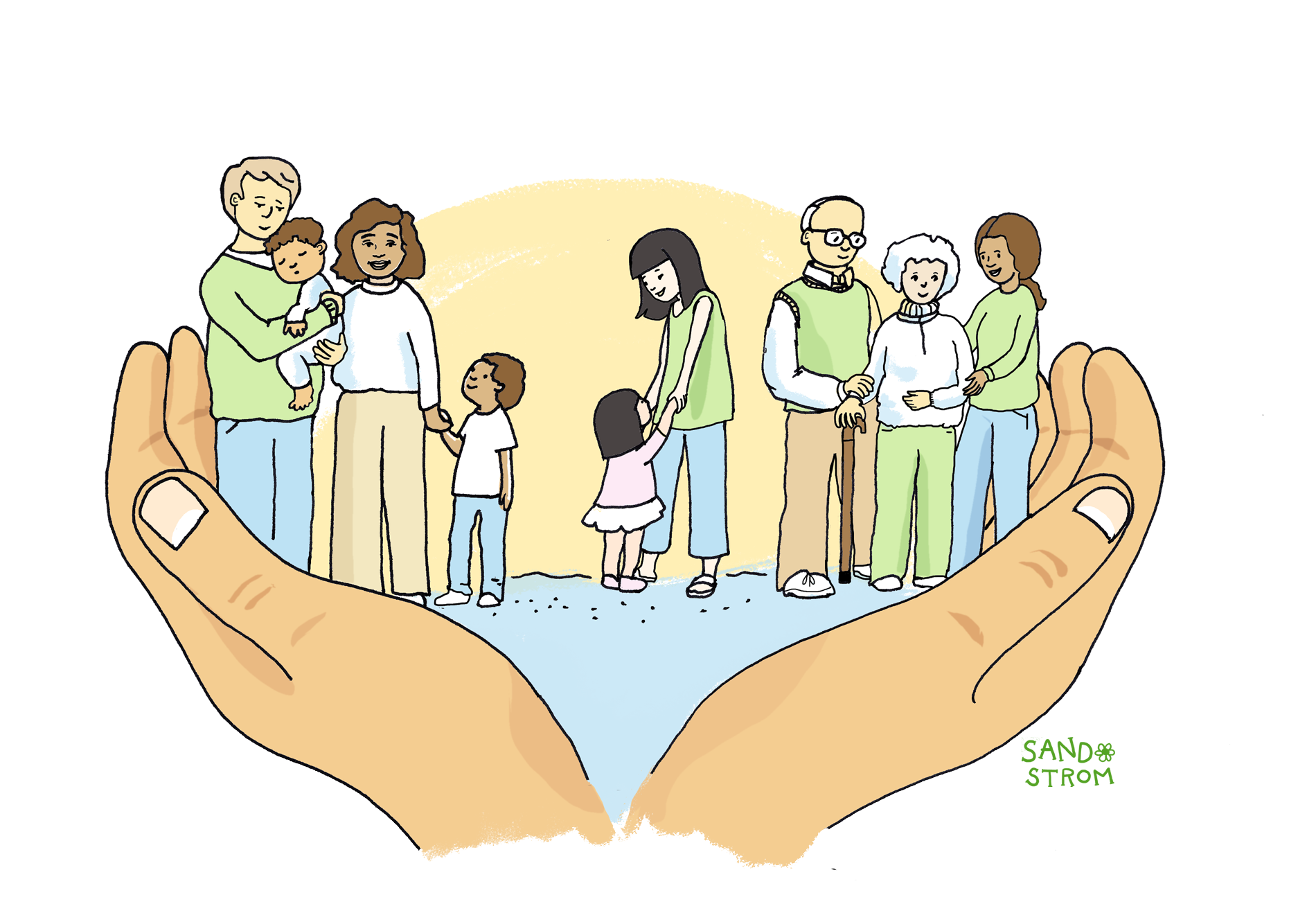 A diverse group of families and individuals being gently lifted upward by large supportive hands, symbolizing financial support and opportunity. Families include parents with children, a single parent, and an elderly couple with a caregiver. The background suggests warmth and upward movement.