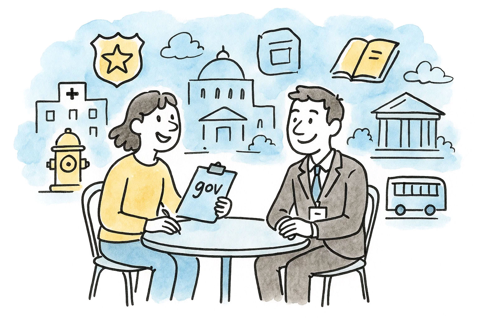 A hand-drawn, watercolor-style illustration of a friendly meeting between a local government representative and a nonprofit representative. They are seated at a round table, smiling, with a clipboard labeled “gov” between them. Floating around them are sketched icons representing public services: a police badge, fire hydrant, hospital, school book, government building, courthouse, and a bus. The illustration uses clean black ink lines with soft blue and yellow watercolor washes on a white background, evoking a sense of collaboration and community.