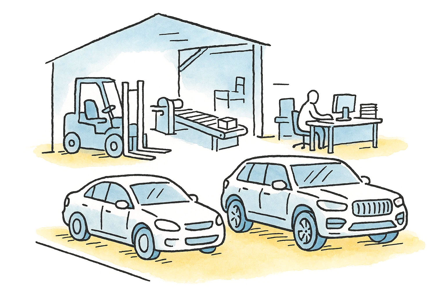Illustration of various types of personal property subject to tax. Depicts a warehouse with a forklift and conveyor belt, an office with a person working at a desk, and two parked vehicles (a sedan and an SUV) in front—all representing taxable business equipment, office assets, and personal vehicles.