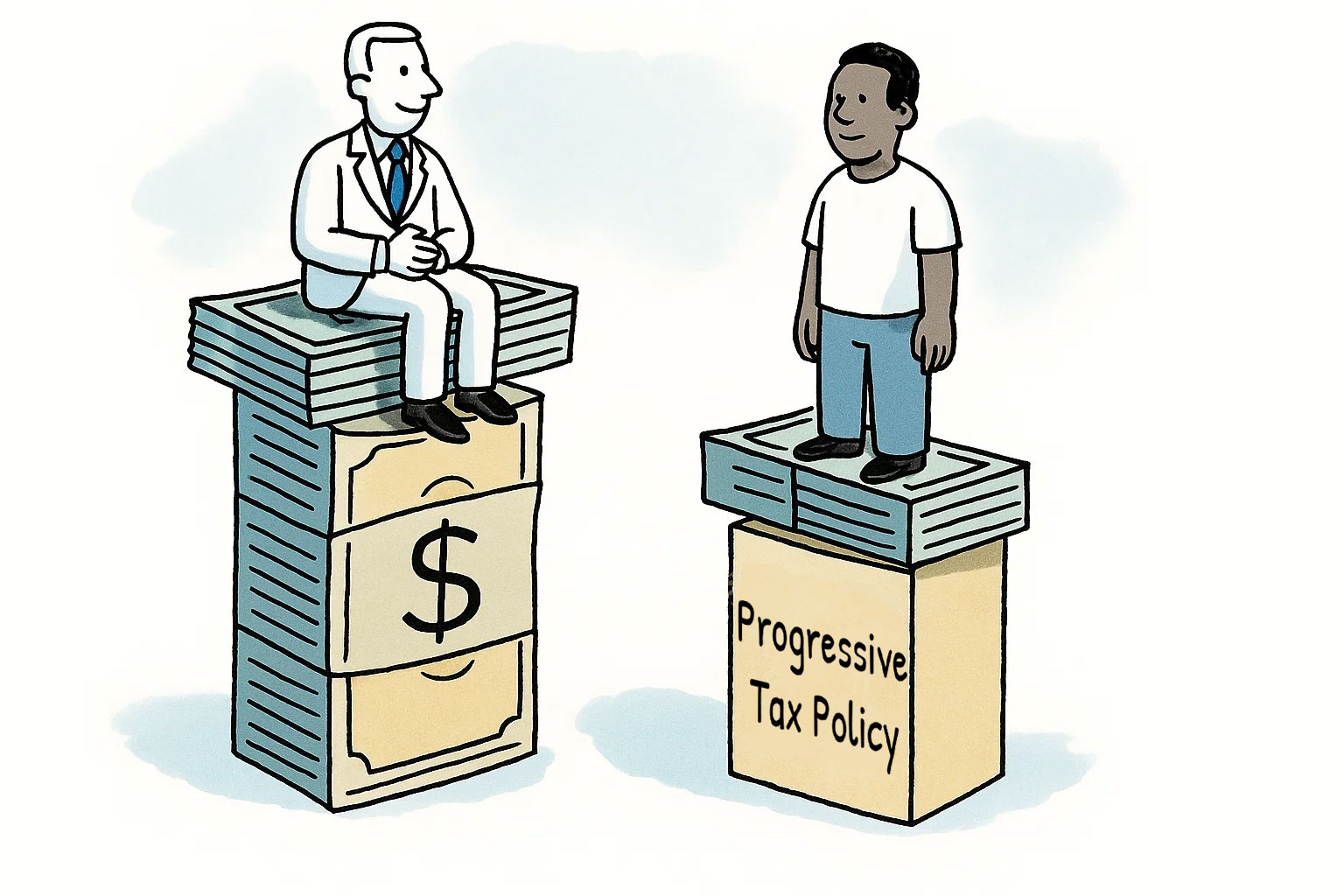 Cartoon-style illustration of two individuals standing on stacks of money. On the left, a wealthy man in a suit sits atop a tall pile of cash. On the right, a working-class man stands on a shorter stack labeled “Progressive Tax Policy.” The stacks elevate both men to the same height, symbolizing how progressive taxation helps level the playing field by requiring higher earners to contribute more, promoting greater economic equity.