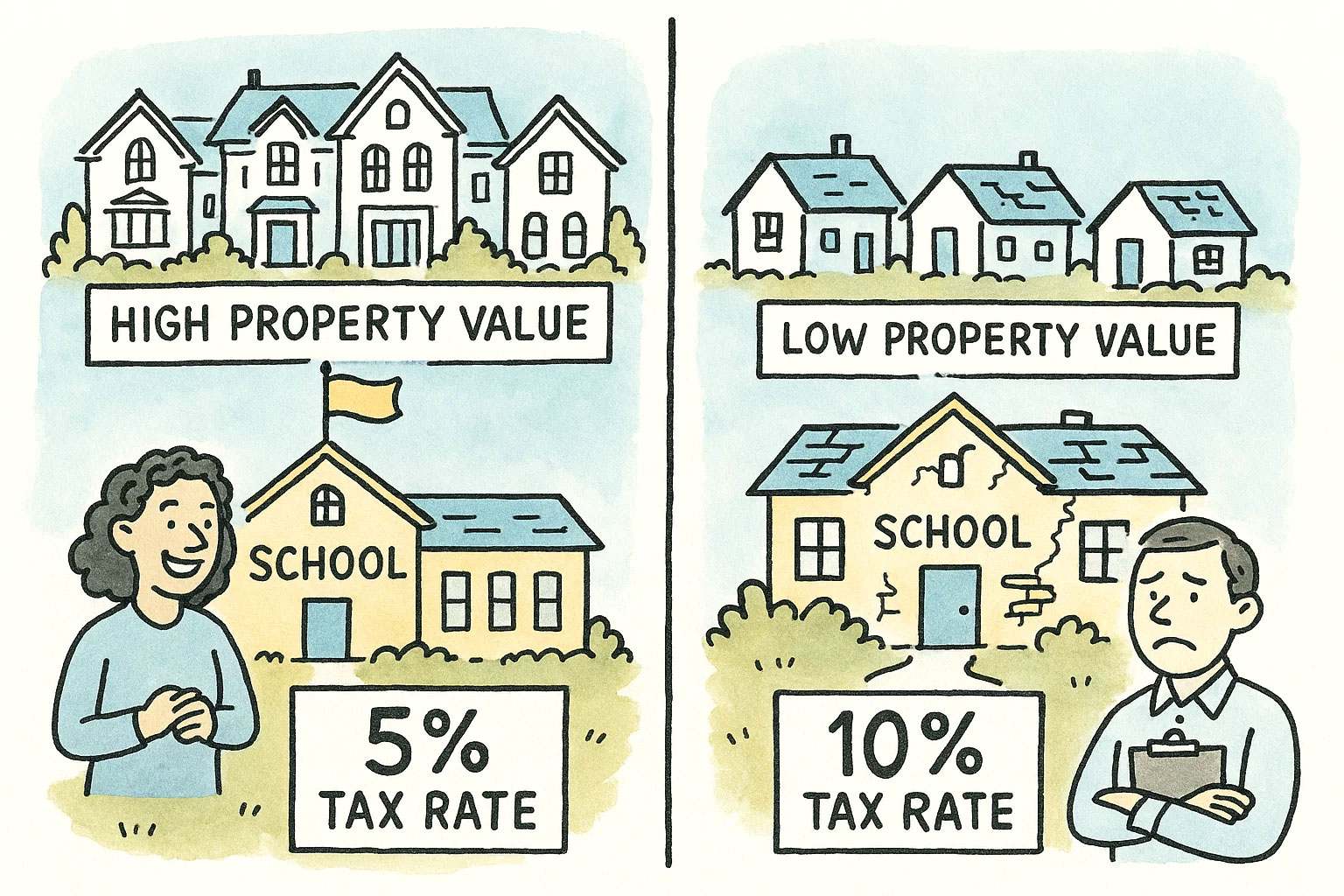 Split illustration comparing two school districts. On the left, a neighborhood with high property values funds a well-kept school at a 5% tax rate, with a smiling teacher out front. On the right, a low-property-value neighborhood taxes at 10% but still has a run-down school with a frowning staff member—highlighting the funding struggles of poorer communities despite higher tax rates.