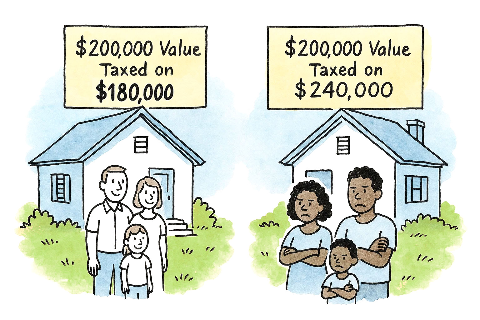 Side-by-side illustration of two similar houses each valued at $200,000. On the left, a smiling white family stands in front of a home taxed on $180,000. On the right, a frustrated Black family stands in front of a nearly identical home taxed on $240,000—highlighting racial disparities in property tax assessments.