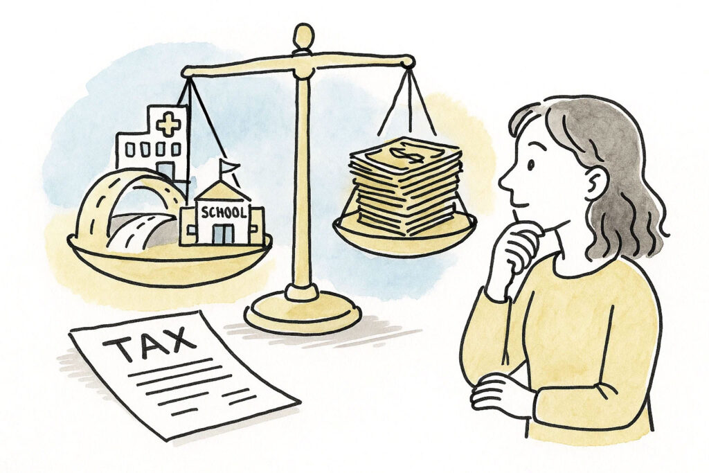 Illustration of a woman examining a scale balancing tax dollars against the public needs like roads, a hospital and a school. A paper labeled tax is next to the scale. 