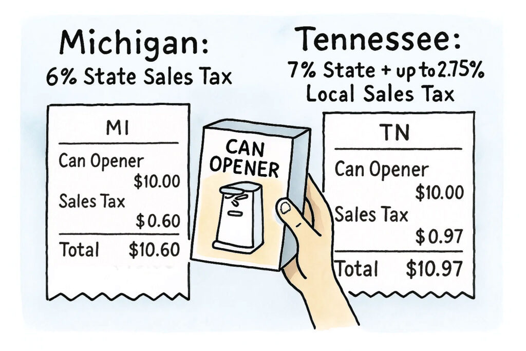 Illustration comparing sales tax in Michigan and Tennessee using a can opener purchase. On the left, Michigan's receipt shows a 6% state sales tax: $10.00 item cost, $0.60 tax, $10.60 total. On the right, Tennessee’s receipt shows a 7% state tax plus up to 2.75% local tax: $10.00 item cost, $0.97 tax, $10.97 total. A hand holds a boxed can opener between the two receipts. The image highlights how sales tax rates vary by state and locality.