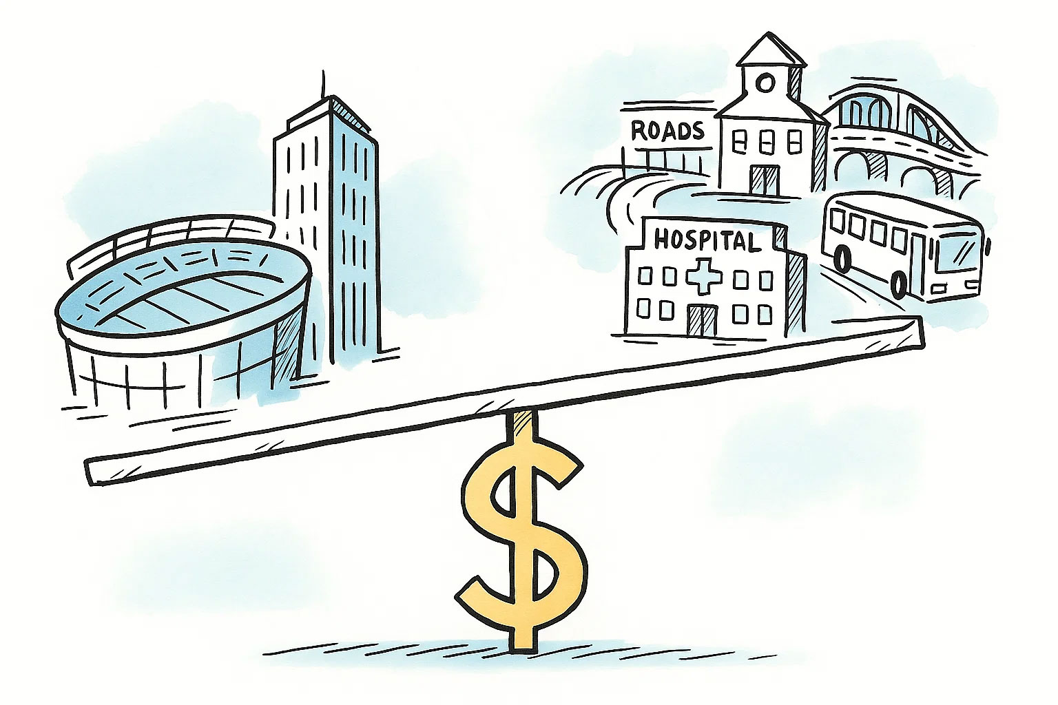 Illustration of a dollar sign acting as the fulcrum of a seesaw. On the left side, a corporate office tower and sports stadium weigh the seesaw down. On the right side, lighter and elevated, are public services including a hospital, school, roads, a bridge, and a public bus. The image conveys an imbalance in tax priorities, suggesting what happens when corporate and special interests are favored over community infrastructure and services.