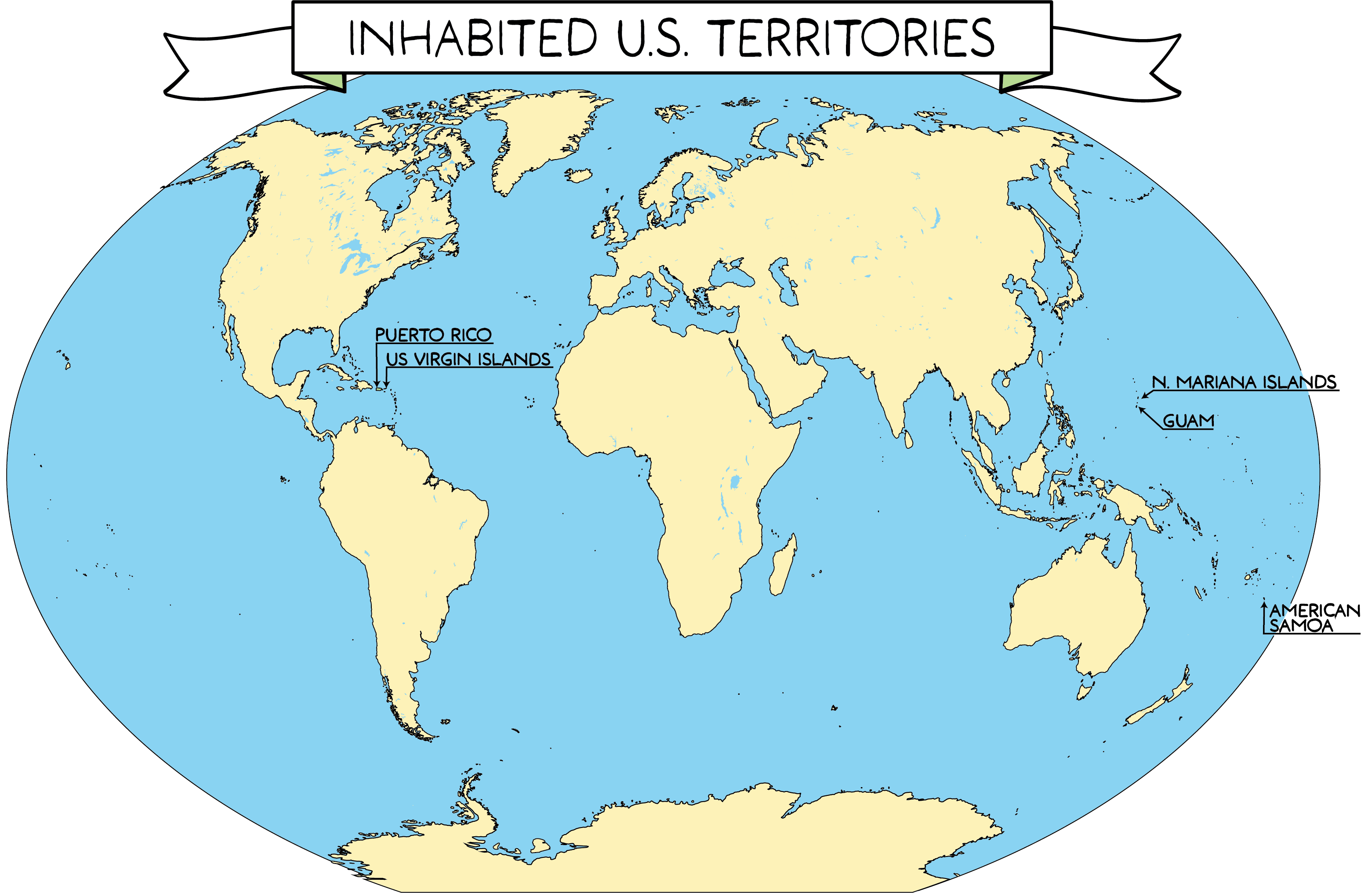 World map with five US Territories labeled: Puerto Rico, Virgin Islands, Guam, Northern Mariana Islands and American Samoa